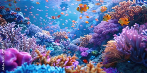 A colorful coral reef with many fish swimming around. The fish are orange and yellow. The reef is full of life and color