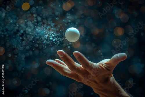 Hand of a table tennis player about to hit a ping pong ball, capturing the precision and timing required in the sport.