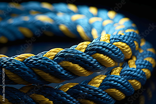 blue and yellow ropes on black background. colored twisted rope made of durable material close-up. nautical rope