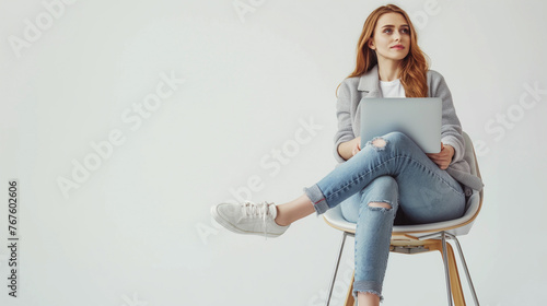 Full body photo of manager ceo lady sit chair use device netbook online communicate wear jeans isolated over on white color background professional photography.