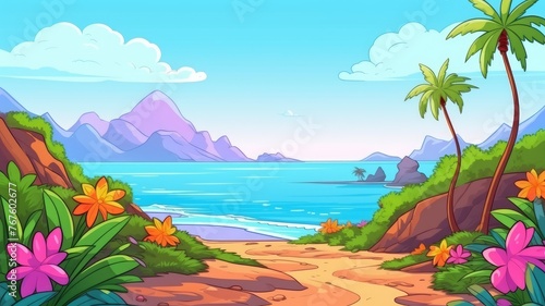cartoon Sunny tropical beach with vibrant flora and serene mountain backdrop