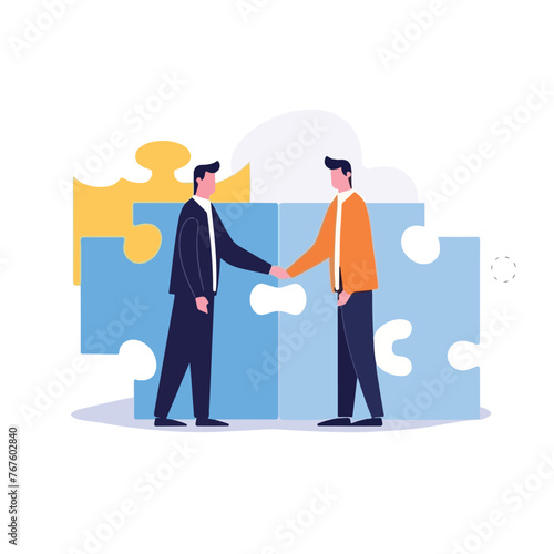 Cooperation. Businessmen handshake on jigsaw puzzle