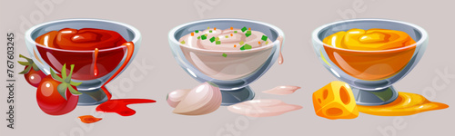Dip sauce bowls set isolated on background. Vector cartoon illustration of red tomato ketchup, white garlic mayo, yellow cheese cream, spicy, sour taste additive for food, restaurant menu design icons