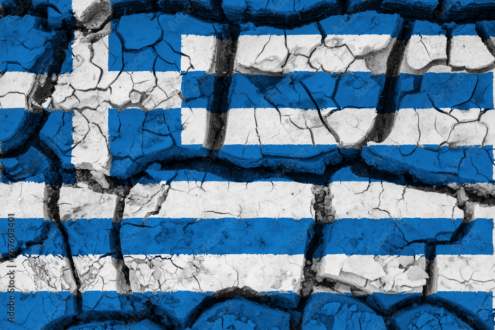 Dry soil pattern on the flag of Greece. Country with drought concept due to climate change. Water problem. Dry cracked earth country.
