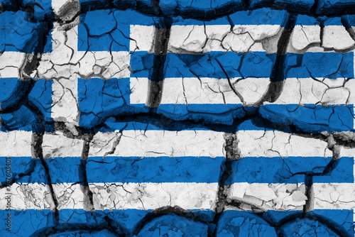 Dry soil pattern on the flag of Greece. Country with drought concept due to climate change. Water problem. Dry cracked earth country.