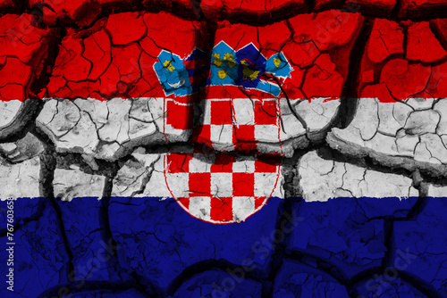 Dry soil pattern on the flag of Croatia. Country with drought concept due to climate change. Water problem. Dry cracked earth country.
