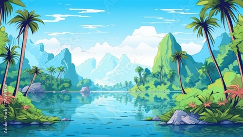 cartoon tropical landscape with clear waters and mountainous backdrop