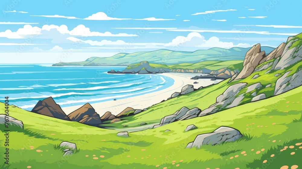 cartoon beach landscape with greenery, cliffs, and a vibrant blue ocean under a cloud-adorned sky