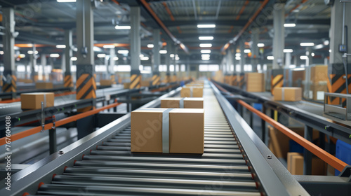 a parcel traveling through a network of conveyor belts and automated sorting machines in a distribution center, on its way to its final destination. © SKYNET