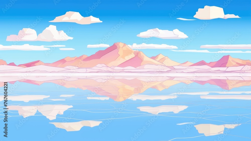 cartoon background landscape with serene lake reflection under a cloud-dotted sky