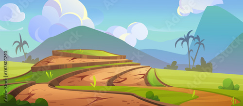 Drought and dead agriculture rice field landscape. Crop agriculture plant from dry and damage soil illustration. Organic harvest in Vietnam farmland. China garden in summer scene design with palm tree