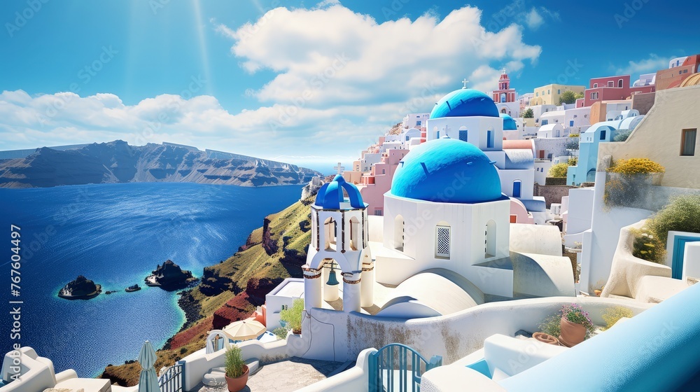 The oia santorini greece whitewashed buildings blue domed churches caldera views - obrazy, fototapety, plakaty 