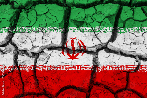 Dry soil pattern on the flag of Iran. Country with drought concept due to climate change. Water problem. Dry cracked earth country.