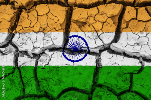 Dry soil pattern on the flag of India. Country with drought concept due to climate change. Water problem. Dry cracked earth country.
