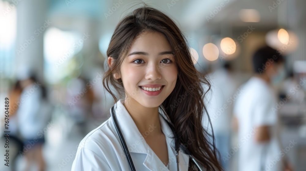 an Asian woman doctor as she poses for a portrait in a hospital environment, embodying the commitment to patient well-being. an Asian woman doctor as she poses for a portrait in a hospital environment, embodying the commitment to patient well-being.