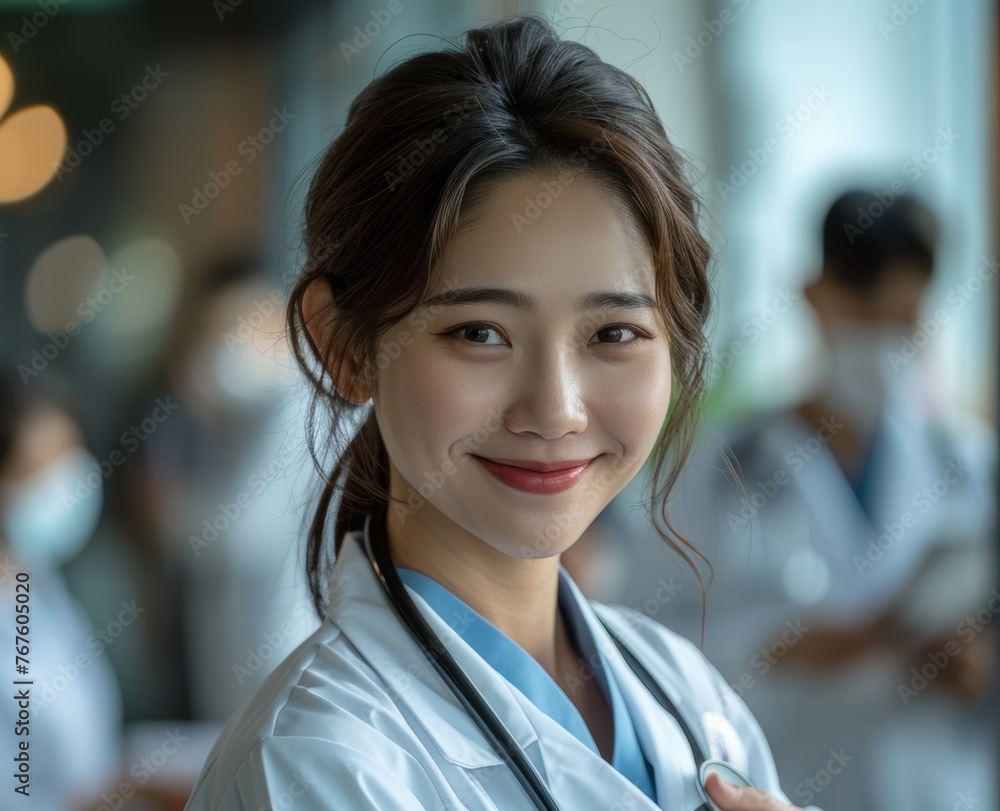 an Asian woman doctor as she poses for a portrait in a hospital environment, embodying the commitment to patient well-being. an Asian woman doctor as she poses for a portrait in a hospital environment, embodying the commitment to patient well-being.
