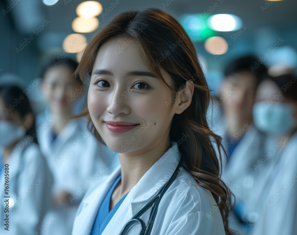 an Asian woman doctor as she poses for a portrait in a hospital environment, embodying the commitment to patient well-being. an Asian woman doctor as she poses for a portrait in a hospital environment, embodying the commitment to patient well-being.