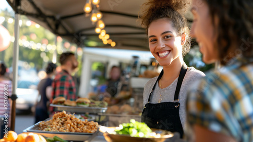 Food vendor at a street market, happy customers