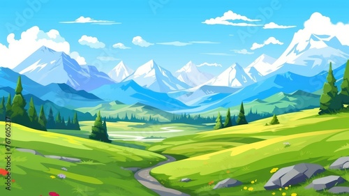 cartoon valley with snowy peaks and vibrant flora © chesleatsz