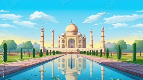 cartoon Majestic palace with minarets amidst lush gardens under a clear sky photo