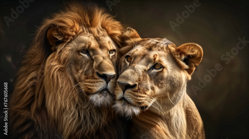 Majestic African lion couple A pair of African lions side by sid