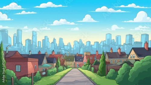cartoon suburban neighborhood with contrasting distant urban cityscape under a clear sky