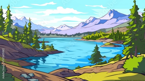 cartoon landscape with majestic mountains, a calm lake, lush greenery, and a moonlit sky