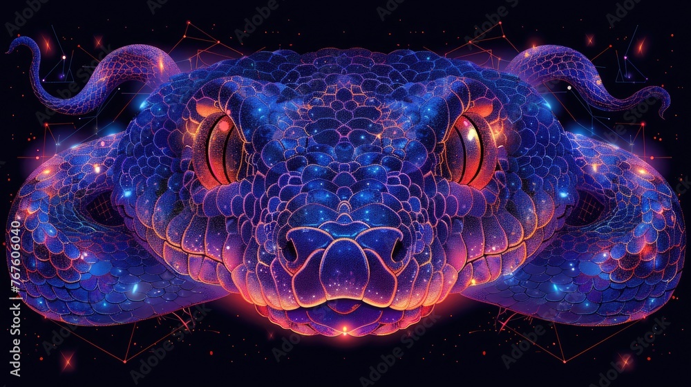 Psychedelic blue-red snake in neon colors on a dark background.