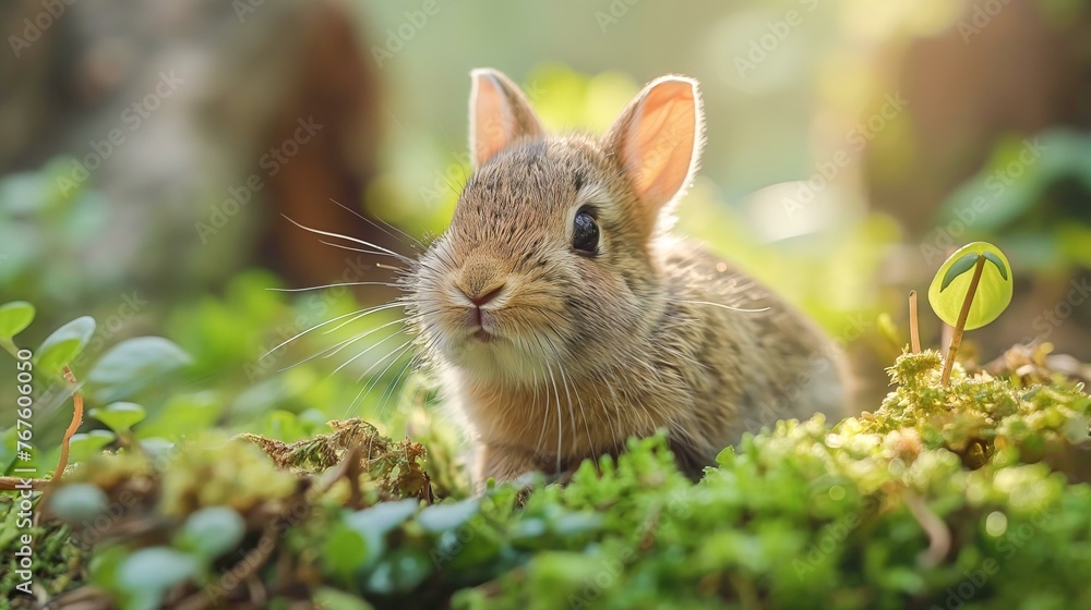 Fotografie A small brown rabbit is sitting in the grass