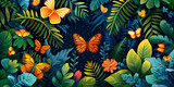 Tropical wallpaper background with plants and birds, generative ai