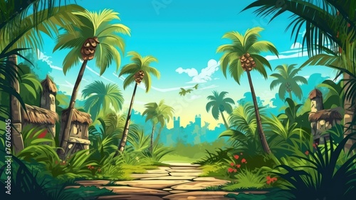 Vibrant tropical jungle cartoon with a stone path and traditional huts under a clear sky