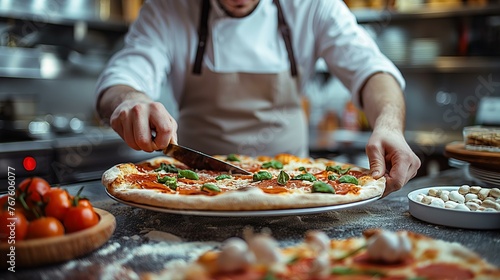 A chef is cutting a pizza in a kitchen. There are several other pizzas on the counter, and a few bowls and spoons are also visible, AI generative