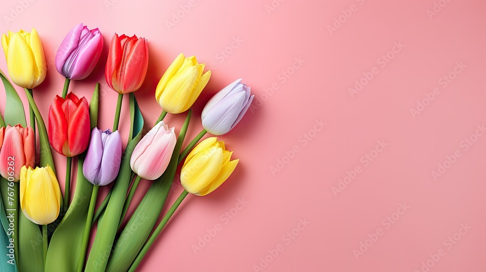 Colorful Tulip Flowers on Pink Background, Top View in Flat Lay Style. Multicolor Spring Flowers Greeting for Women's Day, Mother's Day, Valentine's Day, Wedding, Anniversary, or Spring Sale Banner - obrazy, fototapety, plakaty 