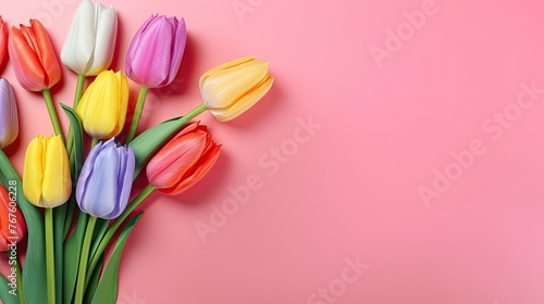 Colorful Tulip Flowers on Pink Background, Top View in Flat Lay Style. Multicolor Spring Flowers Greeting for Women's Day, Mother's Day, Valentine's Day, Wedding, Anniversary, or Spring Sale Banner #767606228