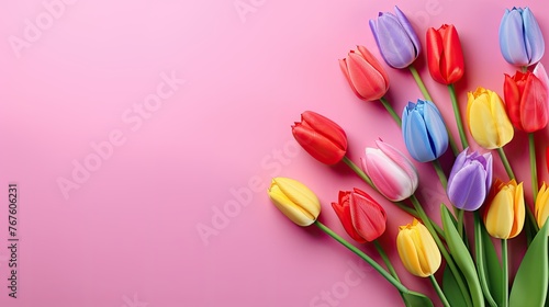Colorful Tulip Flowers on Pink Background, Top View in Flat Lay Style. Multicolor Spring Flowers Greeting for Women's Day, Mother's Day, Valentine's Day, Wedding, Anniversary, or Spring Sale Banner