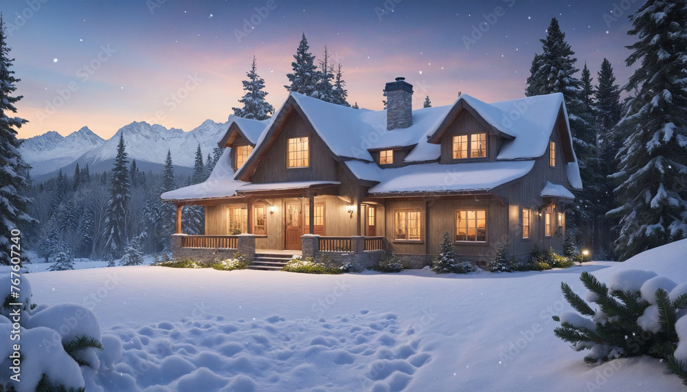 3D illustration scenery of one house with snow on the ground colorful background