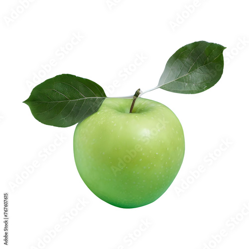 Green apple with leaves isolated on transparent background