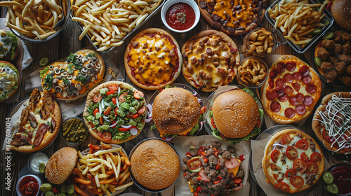 Flat lay of American junk food like pizza, burgers, french fries and chili.