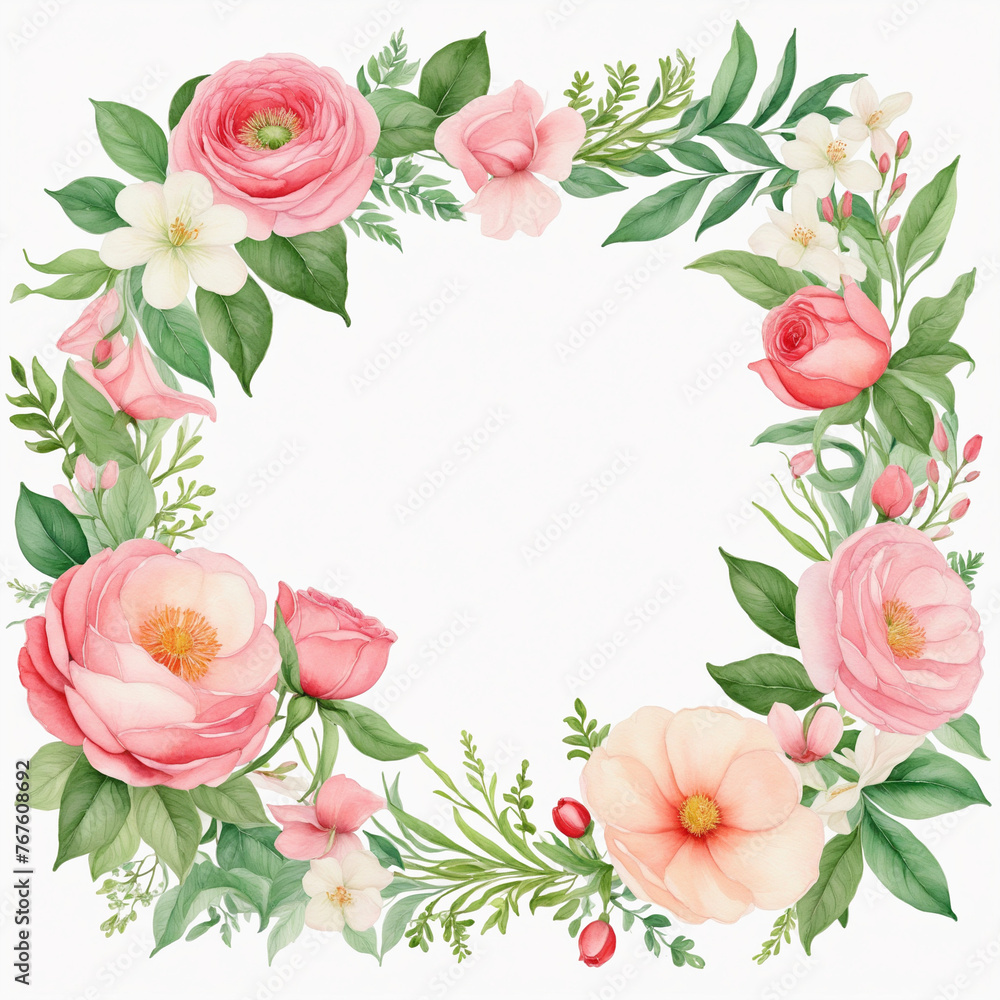 Botanical Garland Frame with Watercolor Flowers colorful background