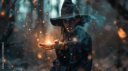 Enigmatic Wizard Performing a Magical Ritual in a Mystical Forest photo