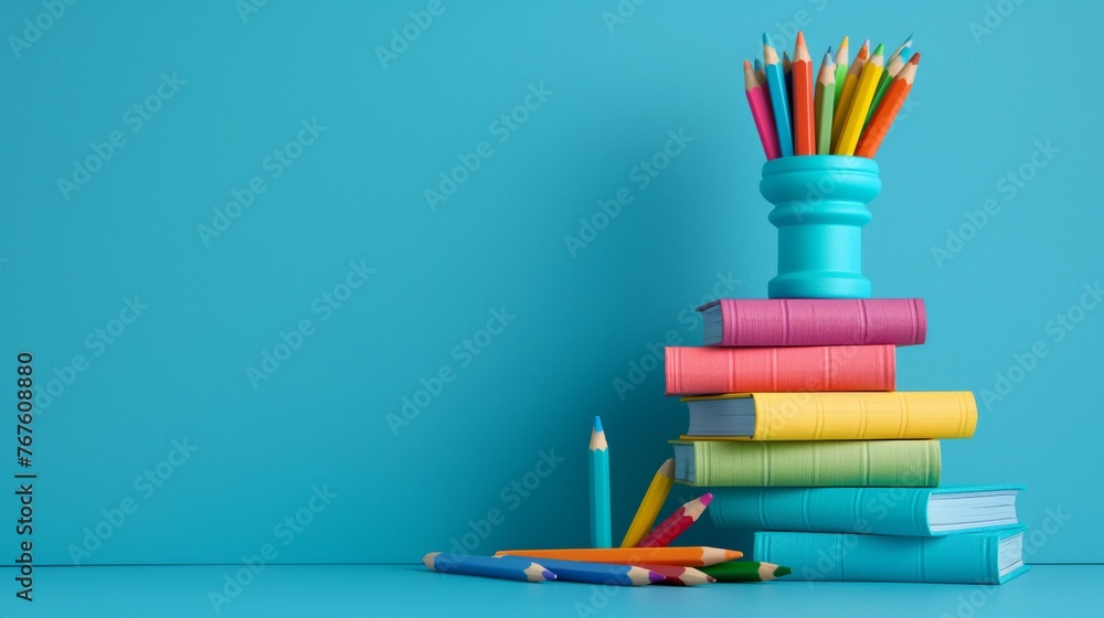 Obraz premium books, and colored pencils on the table. Back to school concept.