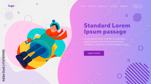 Excited girl sledging downhill. Woman riding on snow tube flat vector illustration. Holiday, outdoor activity, winter vacation concept for banner, website design or landing web page