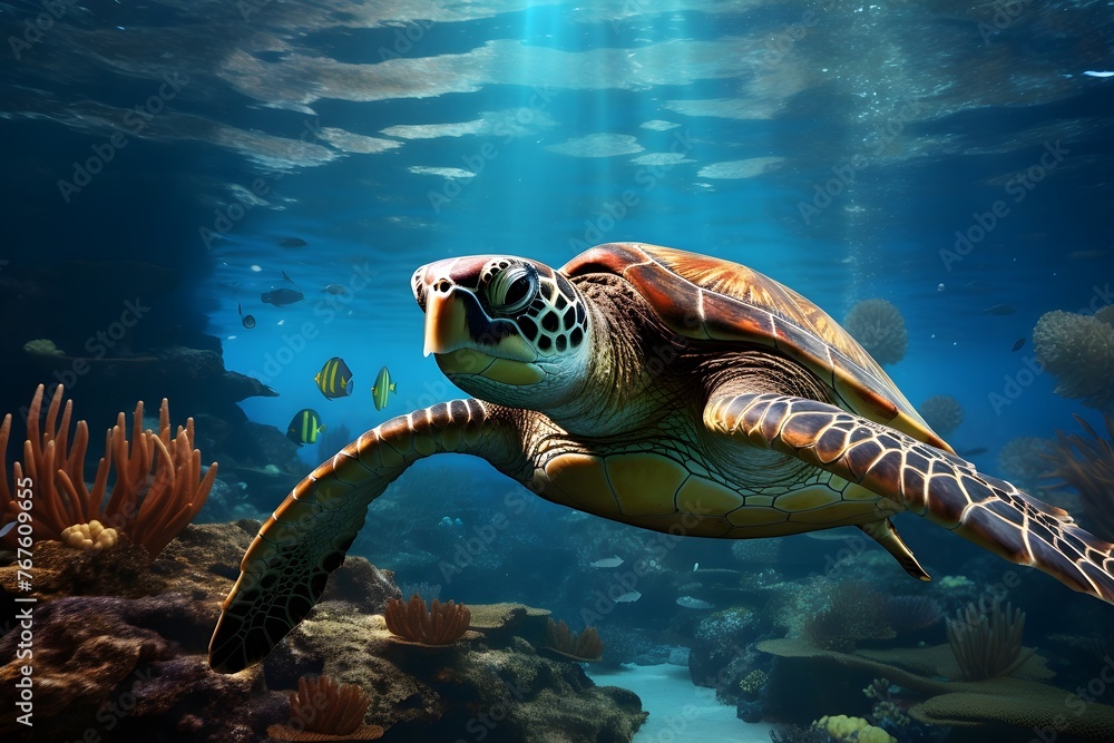 Fototapeta premium Sea turtle swimming in water Ocean, HD, Banner Wallpaper, Ocean life Fishes, Coral reef