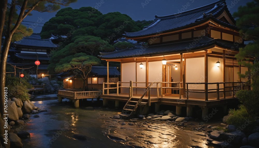 Image view of an uninhabited hot spring resort at night colorful background