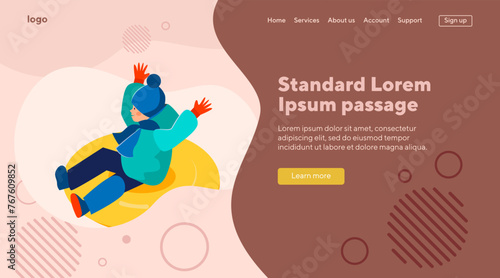 Happy boy sledging and having fun. Kid riding on snow tube flat vector illustration. Holiday, outdoor activity, winter vacation concept for banner, website design or landing web page