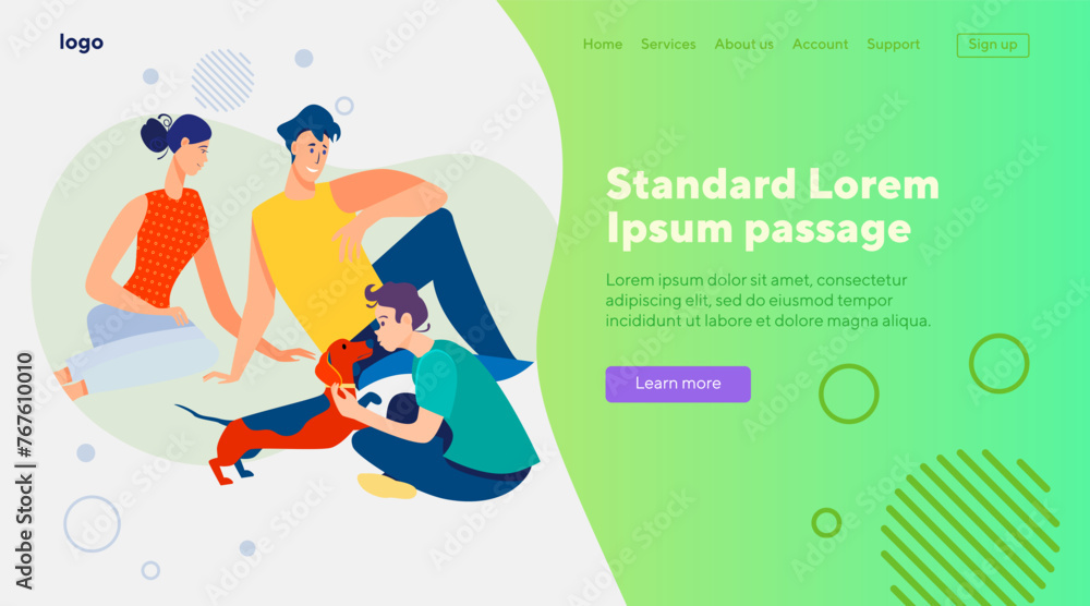 Happy family with pet enjoying leisure time together. Couple of parents, teen boy, dog flat vector illustration. Family, lifestyle, togetherness concept for banner, website design or landing web page Happy family with pet enjoying leisure time together. Couple of parents, teen boy, dog flat vector illustration. Family, lifestyle, togetherness concept for banner, website design or landing web page