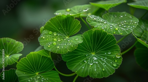 water drop on gotu kola, Asiatic pennywort, centella asiatica, ayurveda herbal medicine. green plant banner.