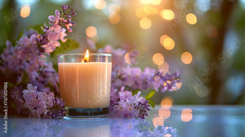 Candle and Purple Flowers on Table