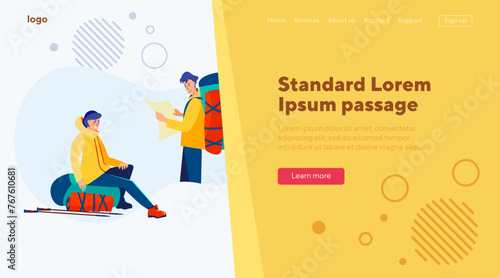 Outdoor tourists studying map. Man and woman with backpacks, trekking, camping flat vector illustration. Adventure travel, activity, lifestyle concept for banner, website design or landing web page