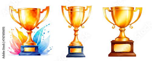 3 Golden trophies watercolor illustration, winner success clipart, promotion, increment, business reward achievement concept, set of 3, cutout on white background, prize, champion, competetion 